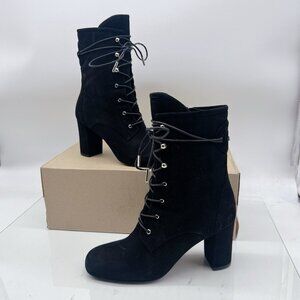 Longchamp Black Suede Block Heel Lace up Short Boots EU 37 US 7 - NEW MSRP $810
